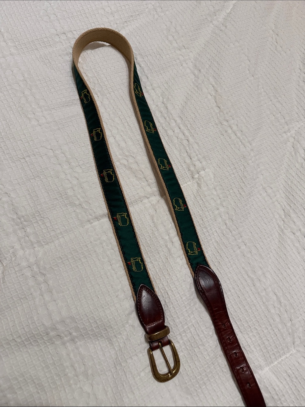 Masters Green Patterned Web Belt with Brown Leather Accents